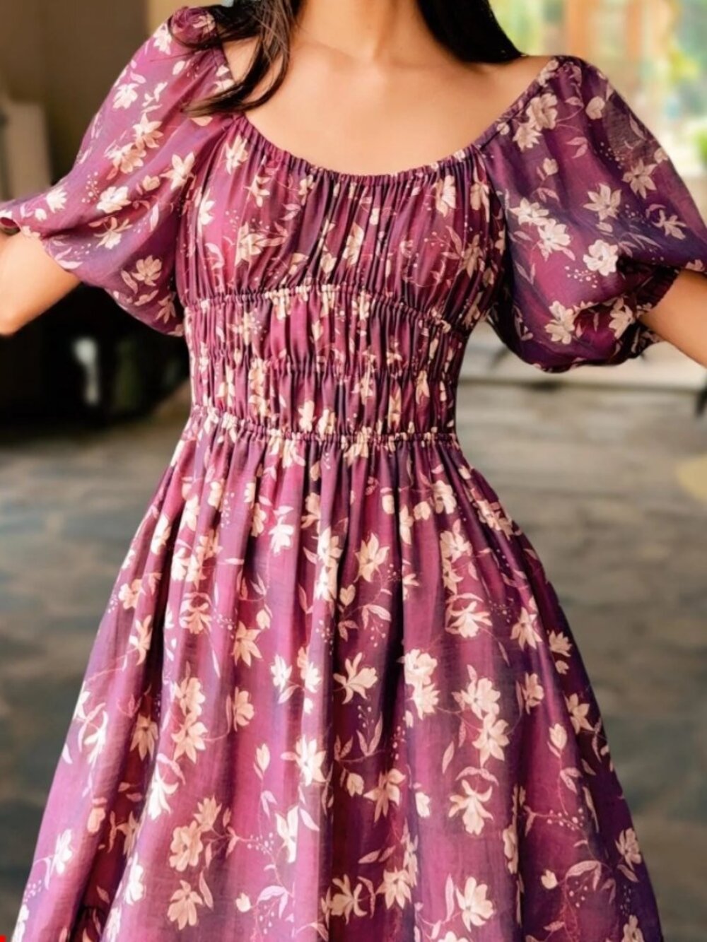 Purple Floral Puff-Sleeve Linen Blend Dress (Summer Midi)